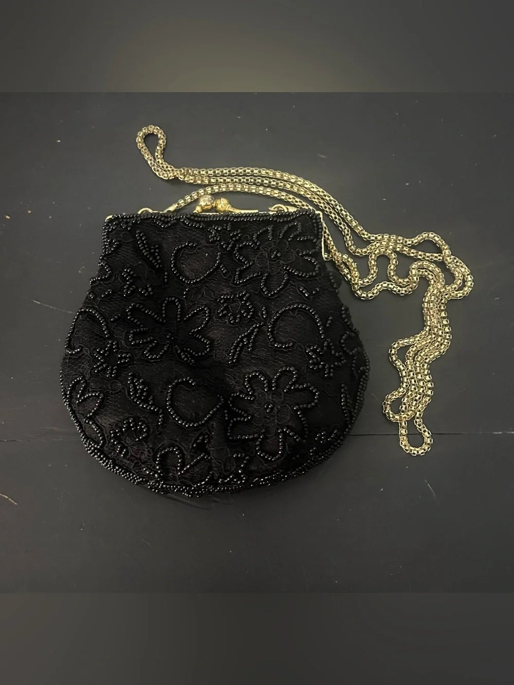 Vintage Regale Ltd Black Beaded Floral Evening Bag Kiss Lock Gold Chain Purse